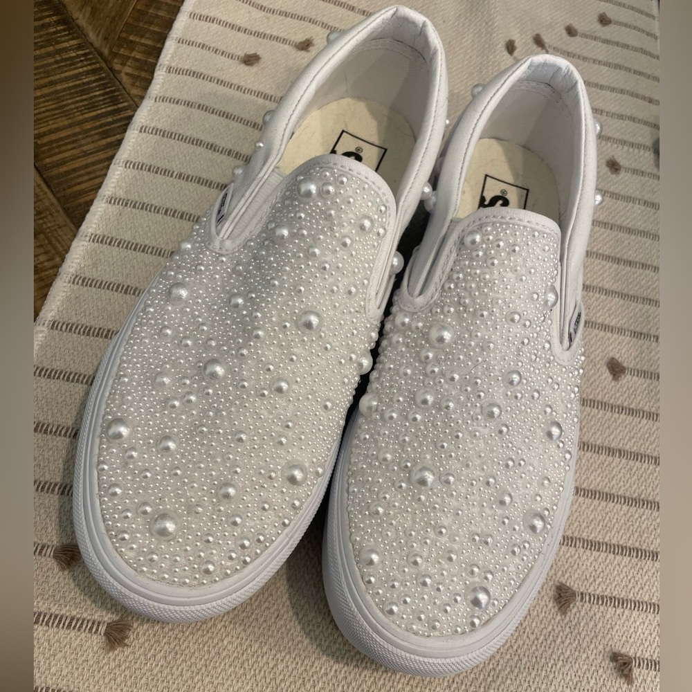 White Platform Vans with pearls